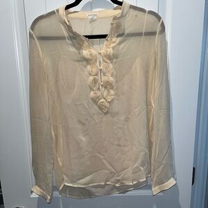 Club Monaco Cream Ruffled Silk Sheer Blouse with Cuffed Sleeves Size S